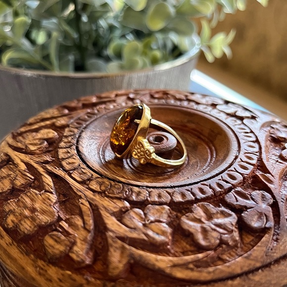 19X11MM OVAL AMBER 18K YELLOW GOLD OVER STERLING SILVER RING - Picture 8 of 12